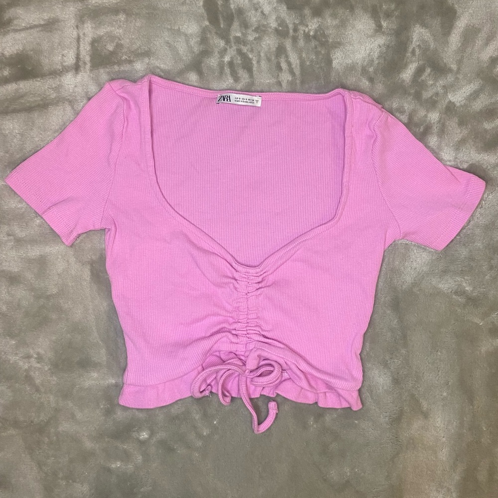 ZARA Pink Ribbed Crop Top with Gathered Front - Size S